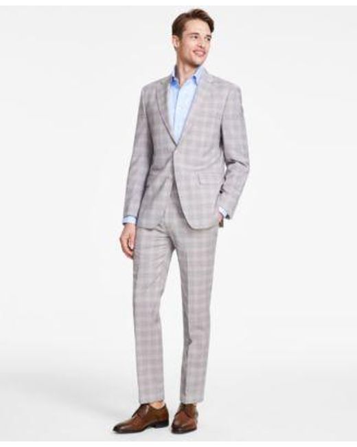 Calvin Klein Gray Slim Fit Wool Blend Stretch Plaid Suit Separates for men