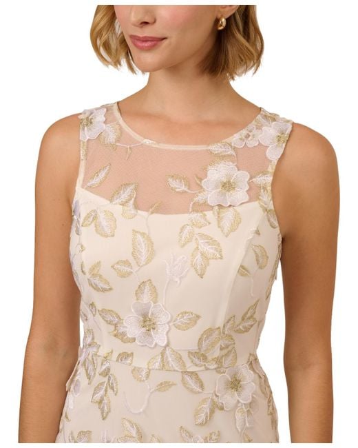 Adrianna Papell Natural Floral Embroidery Illusion Fit & Flare Midi Dress