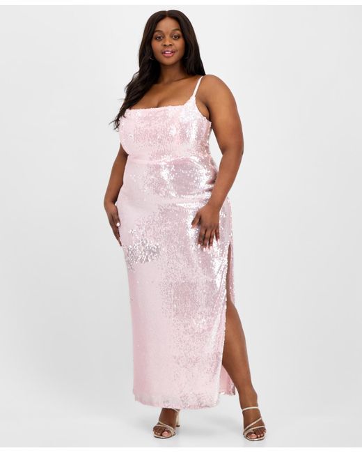 B Darlin Pink Trendy Plus Size Sequin Square-neck Gown