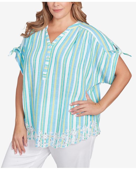 Ruby Rd Blue Plus Size Scalloped Stripe Embroidered Tie Sleeve Top