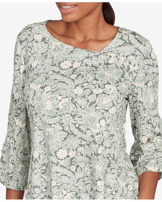 Ruby Rd Gray Petite Floral Dew Drop Ruched Sleeves Top