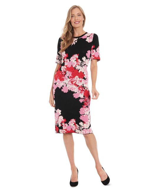 London Times Floral Short-sleeve Midi Dress in Red | Lyst