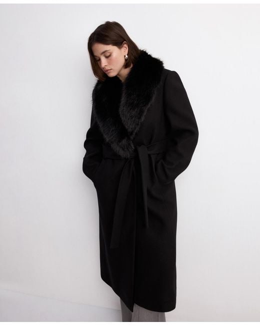 Mango Black Fur Collar Manteco Wool Coat