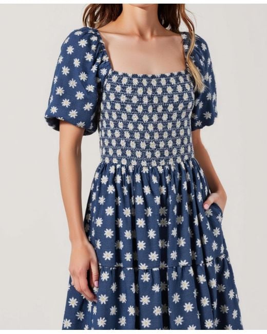 Modenaire Blue Smocked Puff-sleeve Tiered Midi Dress