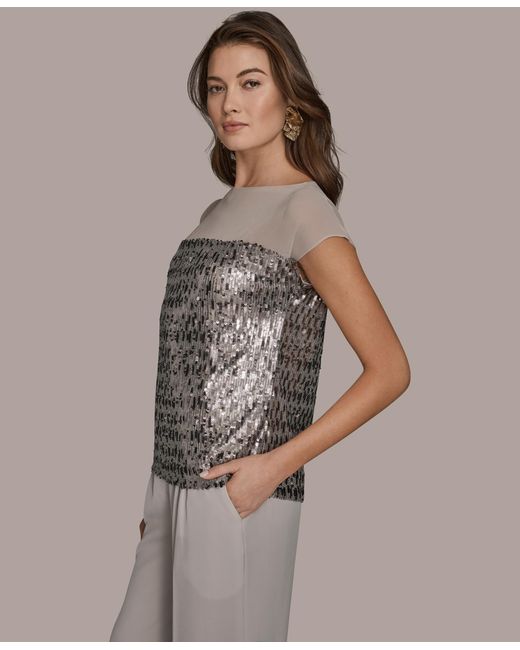 Donna Karan Brown Embellished Short-sleeve Top