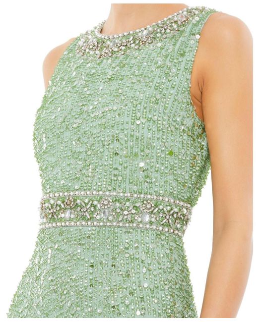 Mac Duggal Green Sequined Sleeveless Embellished Neckline Gown