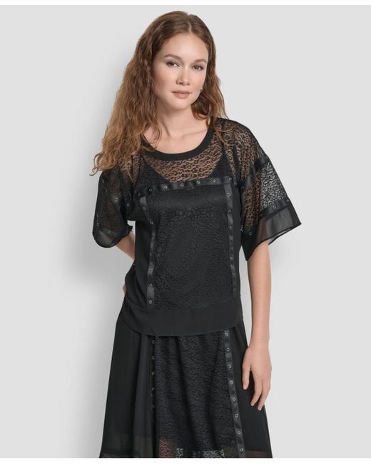 DKNY Black Leopard Mesh Short Sleeve Flowy Box Top