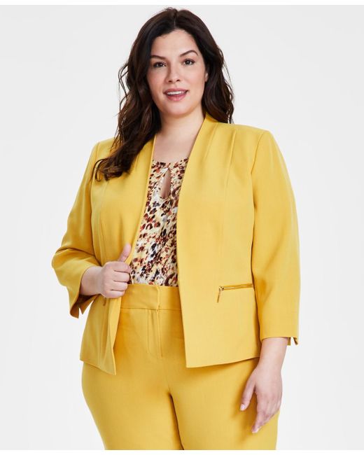 Kasper Yellow Plus Size Collarless Open-front Long-sleeve Blazer