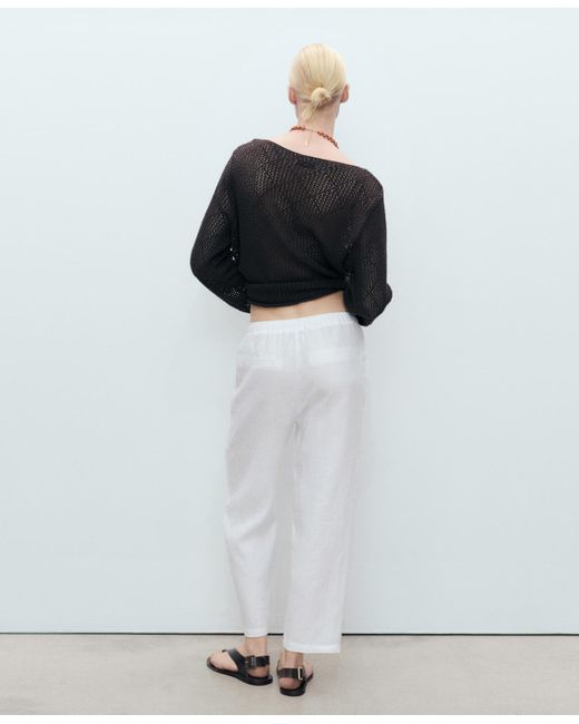 Mango White Straight Linen-blend Pants