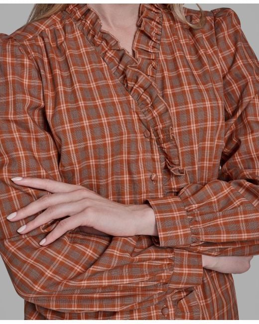 BCBGMAXAZRIA Brown Plaid Button Placket V-neck Top