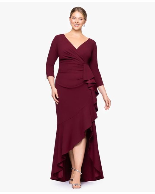 Betsy & Adam Red Plus Size V-neck Long Ruffle Dress