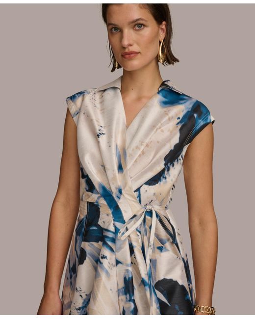 Donna Karan Blue Printed A-line Wrap Dress