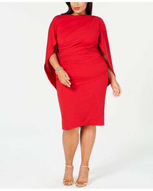 Betsy & Adam Plus Size Ruched Cape Dress in Red | Lyst