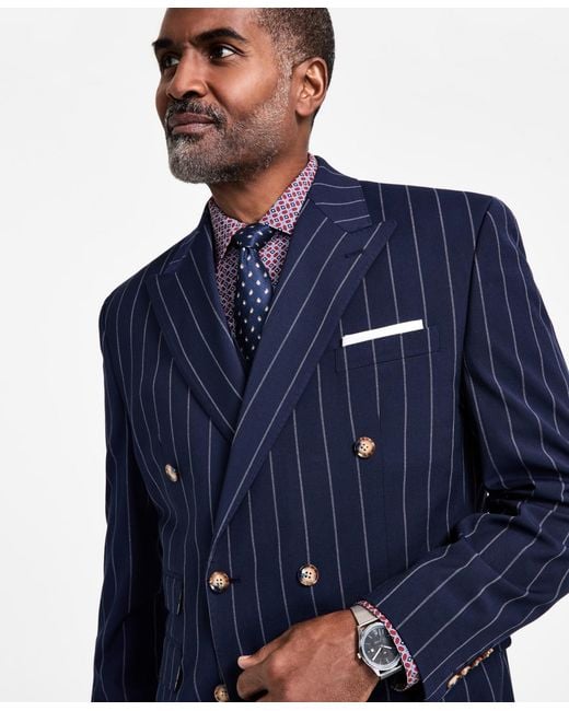 Tayion Collection Blue Pinstriped Double-breasted Suit Jacket for men