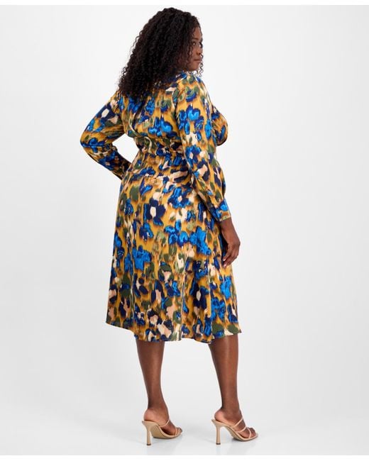 Tahari White Plus Size Printed V-neck Tie-waist Midi Dress