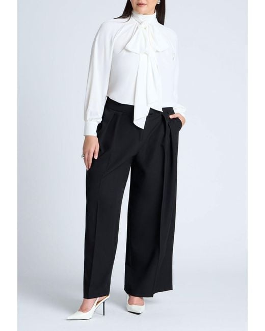 Eloquii White Plus Size Dramatic Neck-tie Blouse