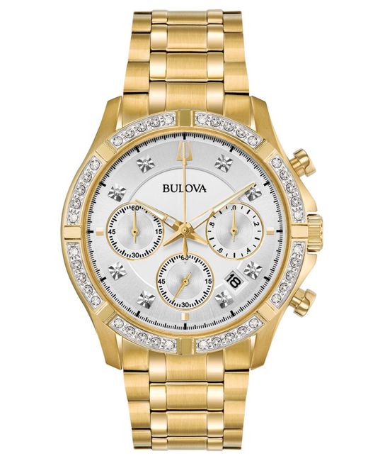 Bulova Metallic Chronograph Diamond-accent Gold-tone Stainless Steel Bracelet Watch 42mm, Created For Macy's for men