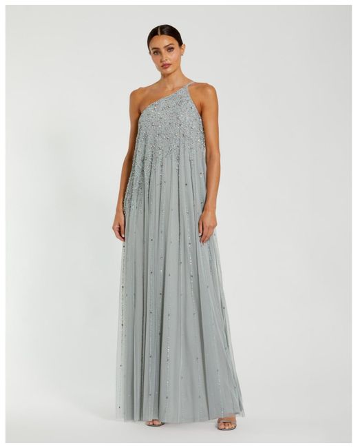 Mac Duggal White One Shoulder Embellished Trapeze A Line Gown