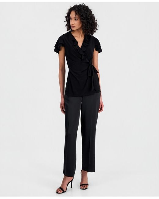 Anne Klein Black Flutter-sleeve Wrap Top