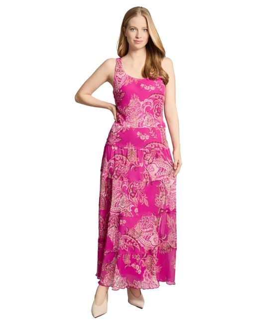 Jones New York Pink Printed Sleeveless Tiered Chiffon Dress