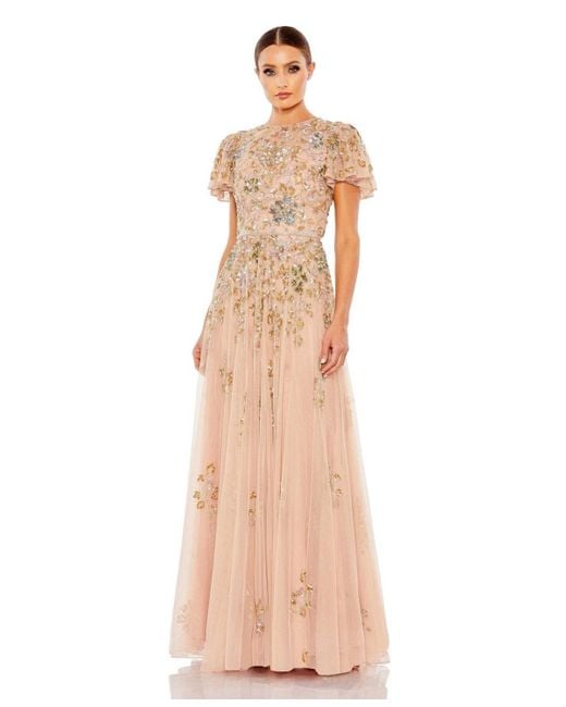 Mac Duggal Natural Embellished Butterfly Sleeve High Neck Gown