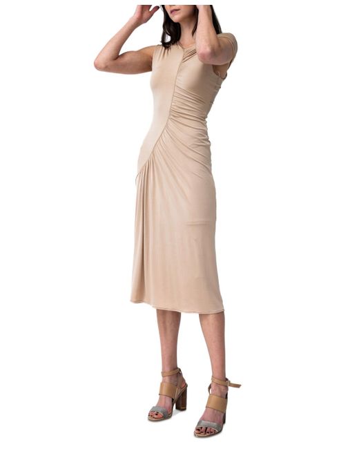 Adrienne Landau Natural Asymmetric-neck Shirred Midi Dress