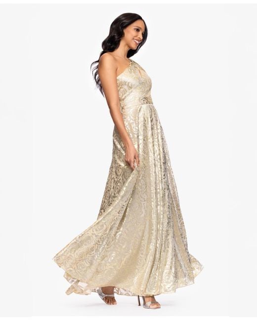 Betsy & Adam Natural Metallic One-shoulder Dress