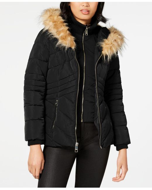 Guess Faux-fur-trim Hooded Puffer Coat 