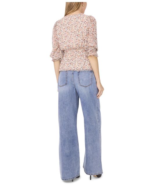 1.STATE Red Smocked Waist 3/4-sleeve Button Down Blouse