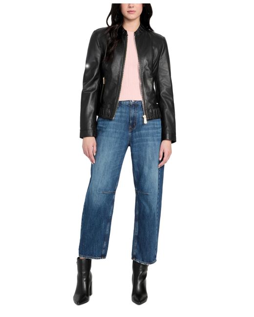 Guess Black Collarless Zip-front Leather Jacket