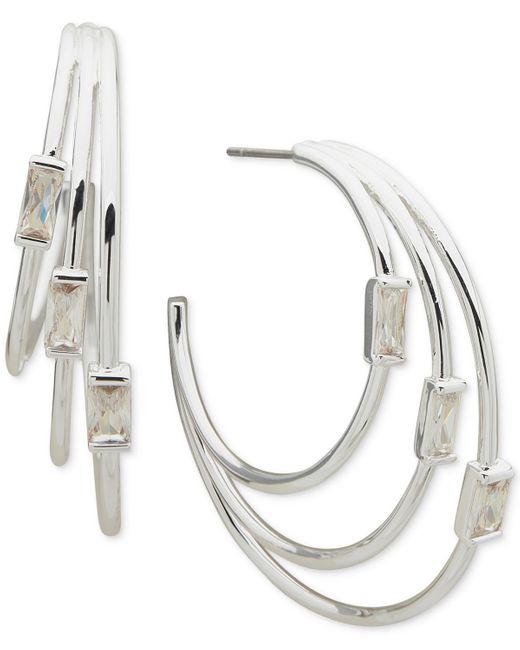 Anne Klein White Silver-tone Medium Baguette Cubic Zirconia Triple-row C-hoop Earrings