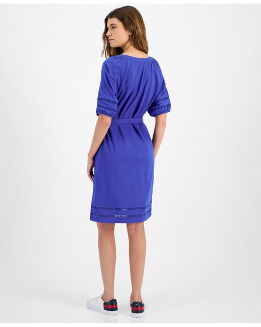 Tommy Hilfiger Blue Cotton Belted Puff-sleeve Dress