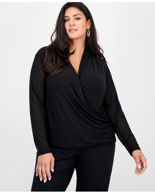 INC International Concepts Black Plus Size Mesh Draped Top