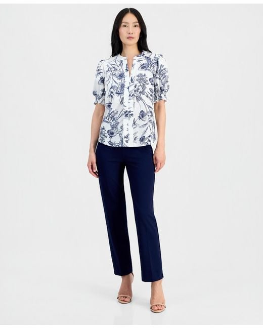 Tahari Blue Printed Split-neck Top