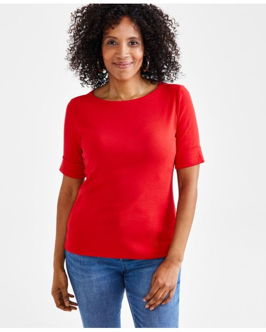 Style & Co. Red Petite Cotton Elbow-sleeve Boat-neck Top