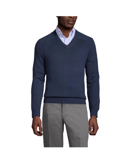 Lands' End Blue School Uniform Cotton Modal V-neck Sweater for men