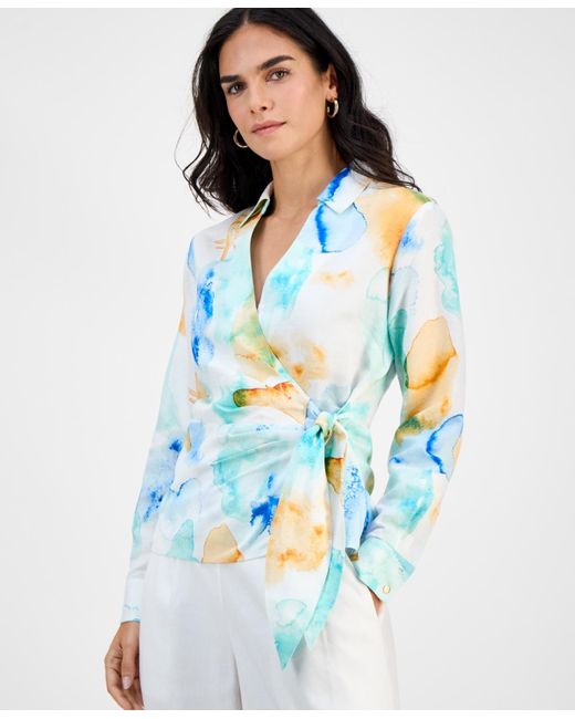 INC International Concepts Blue Petite Printed Long-sleeve Wrap Blouse