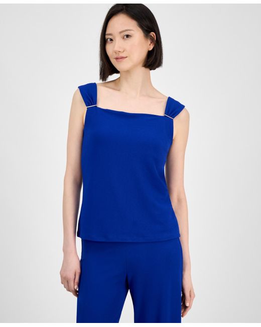 Anne Klein Blue Embellished Shirred-strap Top