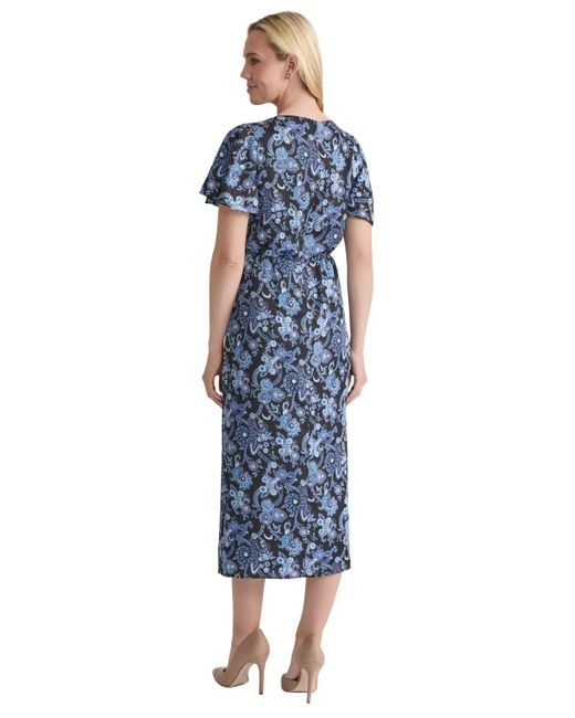 Jones New York Blue Printed Shirred Flutter-sleeve Midi Dress
