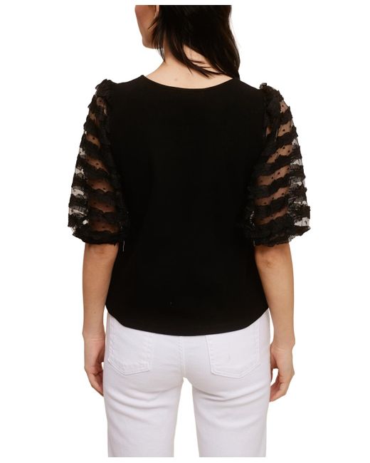 Fever Black Ribbed Knit Top With Ruffle Mesh Puff Sleeve