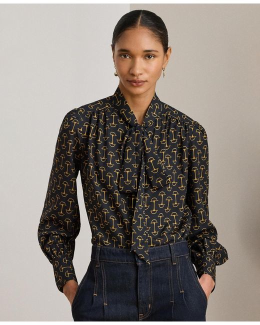 Ralph Lauren Black Geo-print Crepe Tie-neck Blouse