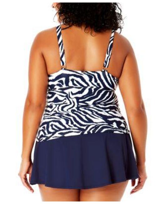Anne Cole Blue Plus Size Printed Tankini Top Banded Swim Skirt