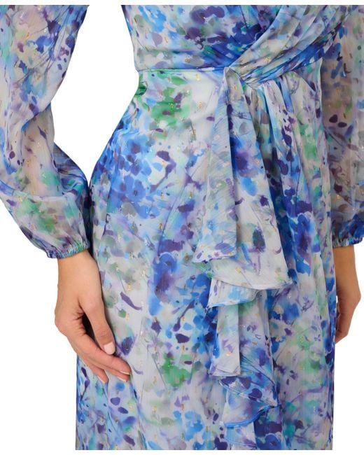 Adrianna Papell Blue Abstract Floral Chiffon Gown