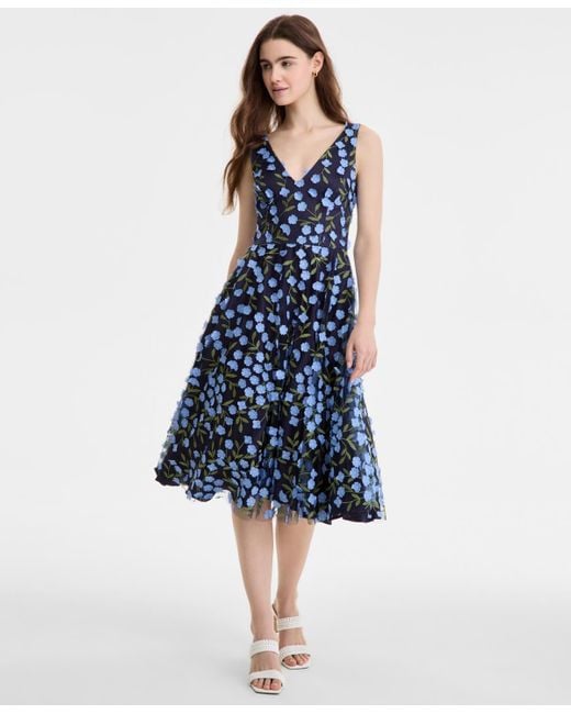 Eliza J Floral-print Mesh V-neck Midi Dress in Blue | Lyst