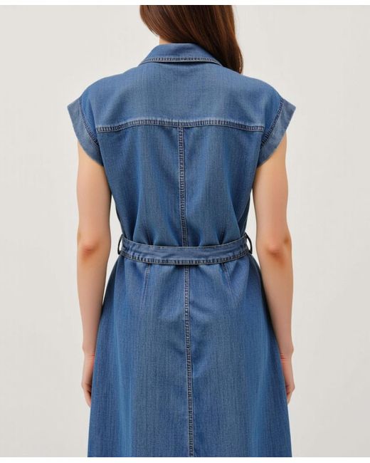 Modenaire Blue Sleeveless Button-front Tie-waist Midi Shirt Dress