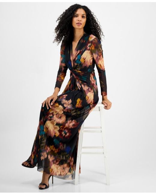 Anne Klein Multicolor Printed Twist-front Long-sleeve Maxi Dress
