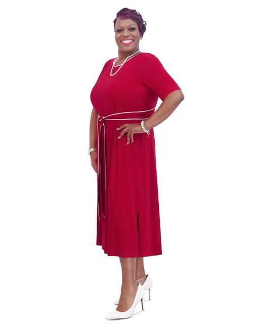 Kasper Red Contrast-trim Short-sleeve Midi Dress