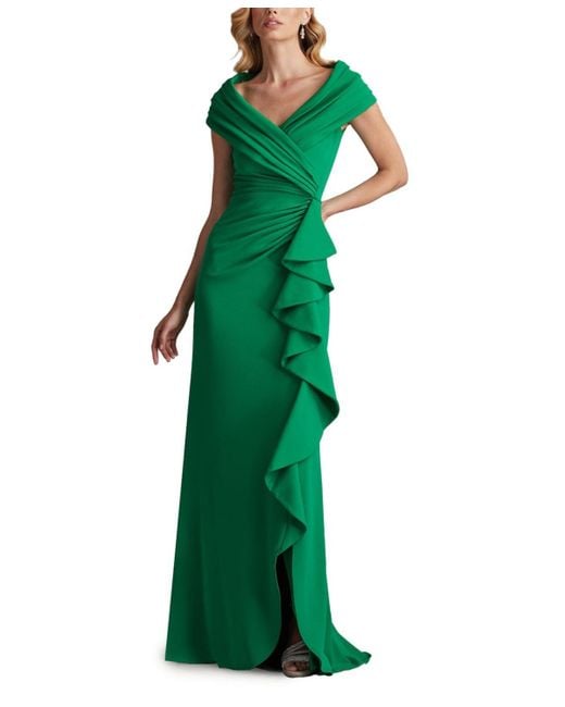 Tadashi Shoji Women's Green Talise Waterfall Flounce Gown