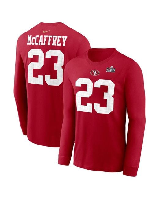 Nike Red Christian Mccaffrey San Francisco 49ers Super Bowl Lviii Patch Player Name And Number Long Sleeve T-shirt for men