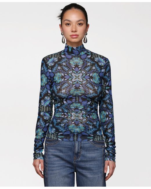 Avec Les Filles Blue Printed Mesh Mock Neck Ruched Top